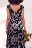 Black Silver Flower A-Line V-Neck Long Wedding Guest Dress