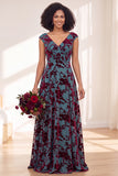 Black Silver Flower A-Line V-Neck Long Wedding Guest Dress