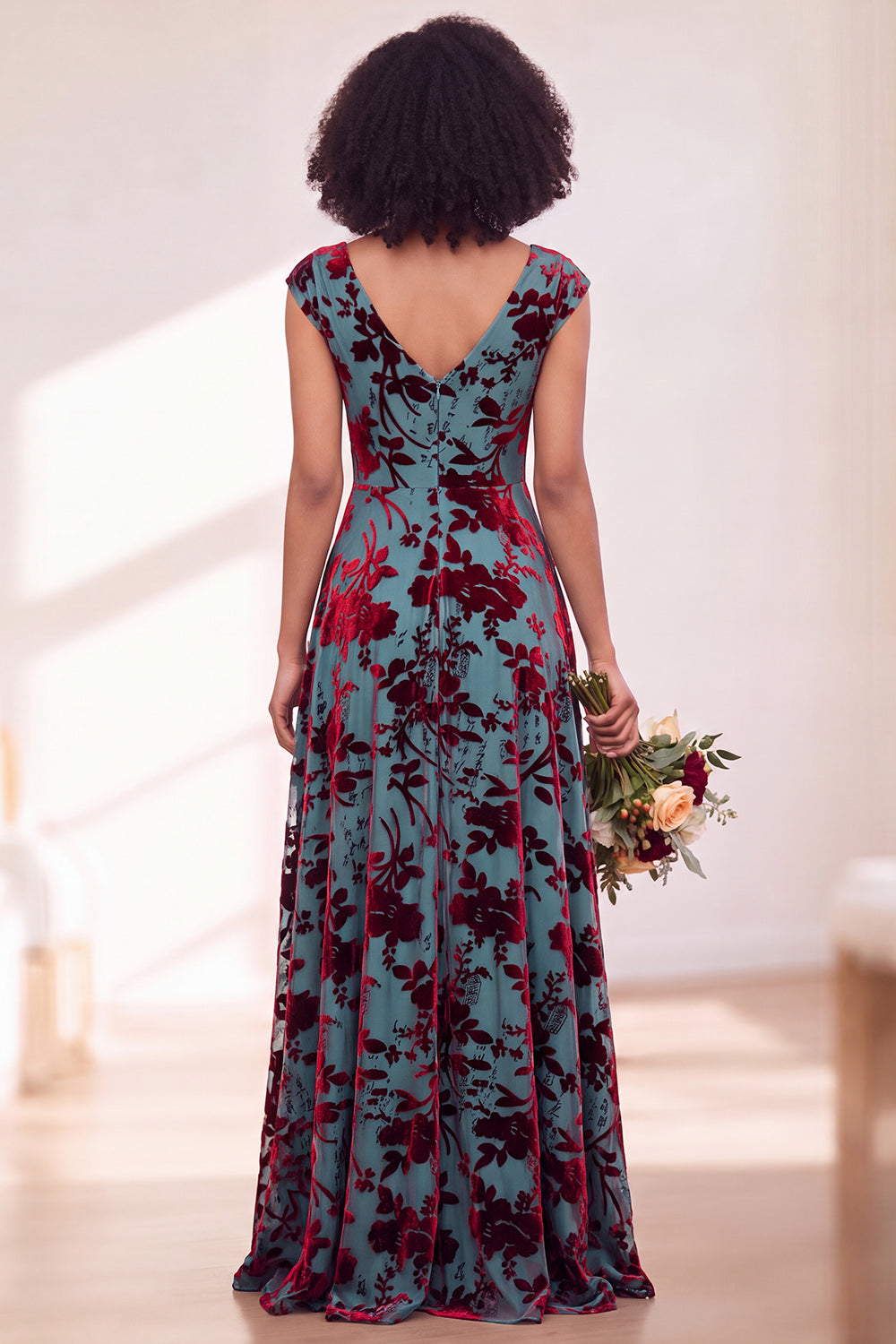 Black Silver Flower A-Line V-Neck Long Wedding Guest Dress