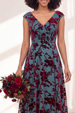 Black Silver Flower A-Line V-Neck Long Wedding Guest Dress