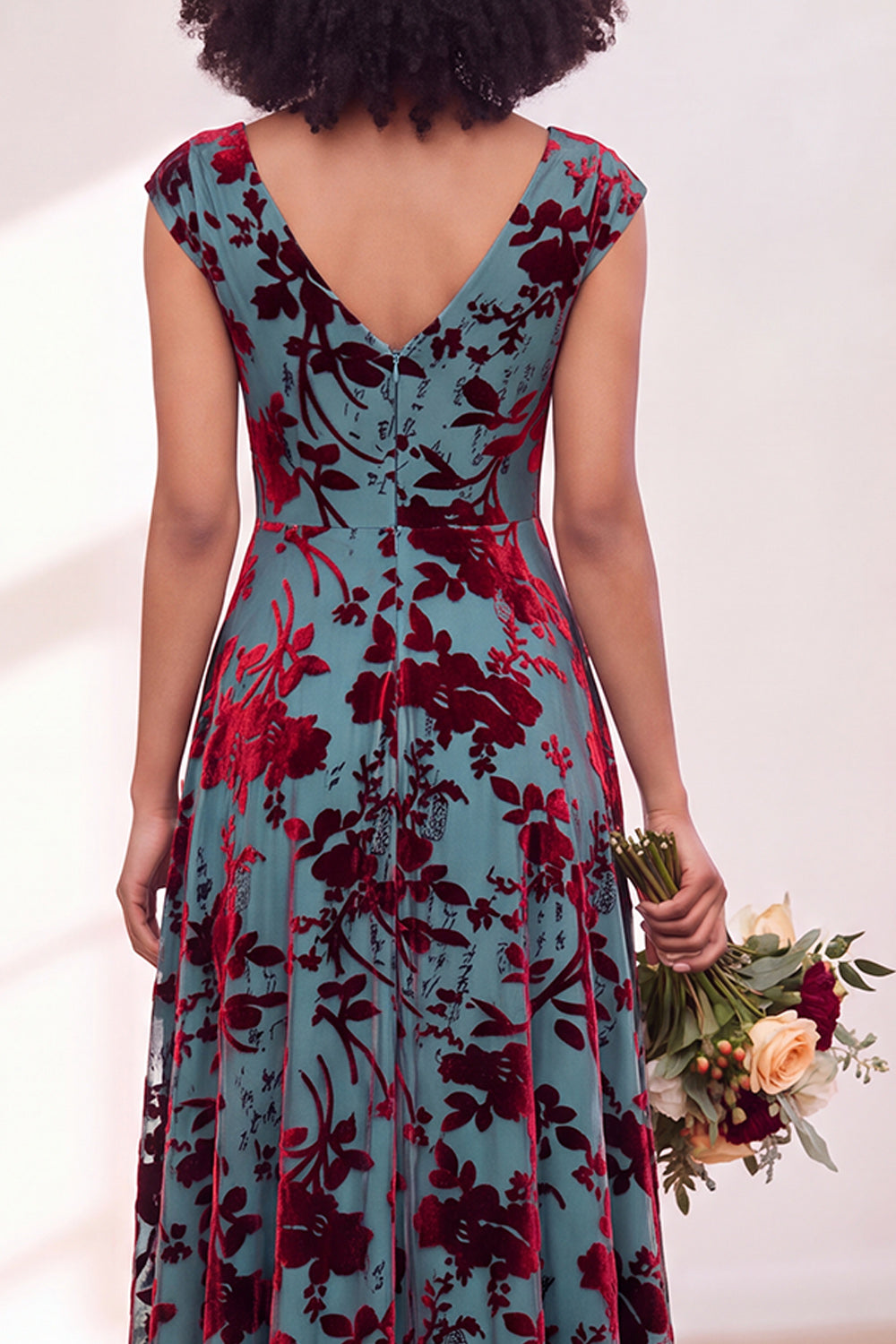 Black Silver Flower A-Line V-Neck Long Wedding Guest Dress