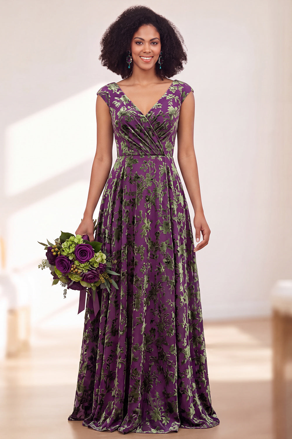 Black Silver Flower A-Line V-Neck Long Wedding Guest Dress