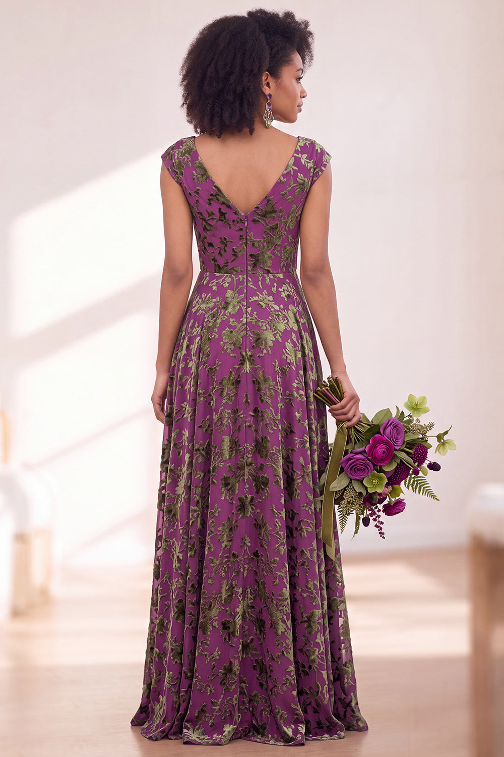 Black Silver Flower A-Line V-Neck Long Wedding Guest Dress