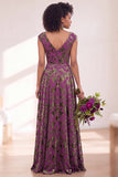 Black Silver Flower A-Line V-Neck Long Wedding Guest Dress