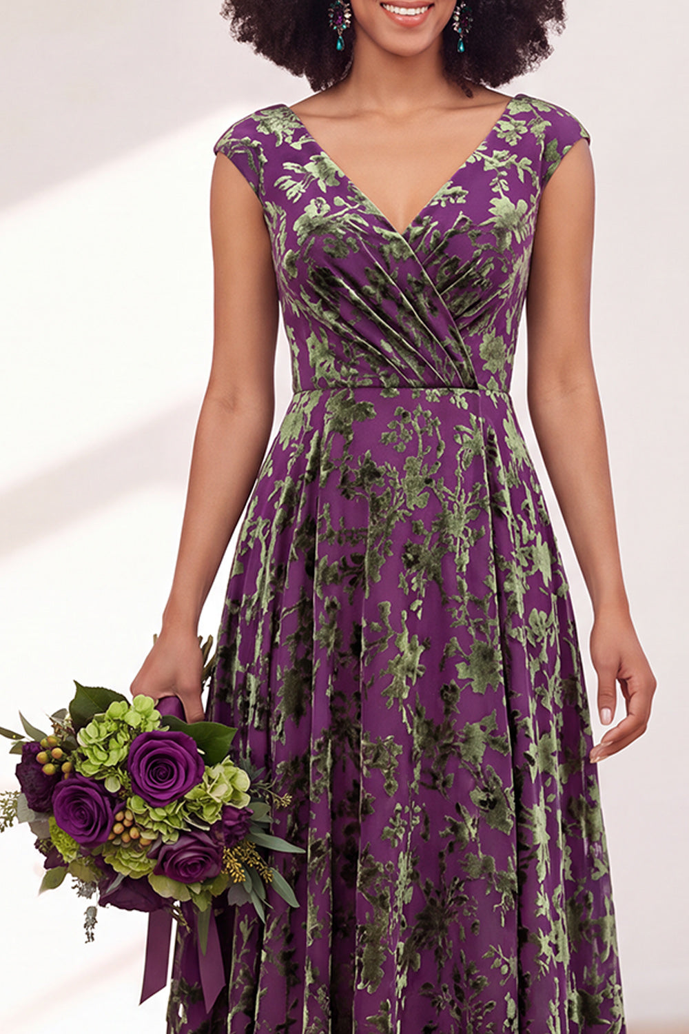 Black Silver Flower A-Line V-Neck Long Wedding Guest Dress