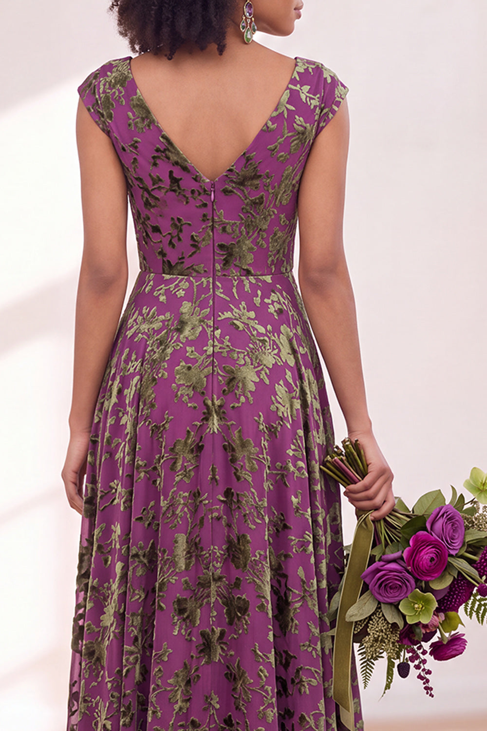Black Silver Flower A-Line V-Neck Long Wedding Guest Dress