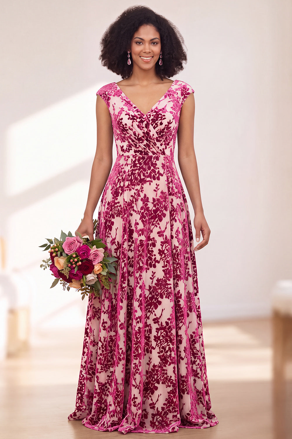 Black Silver Flower A-Line V-Neck Long Wedding Guest Dress