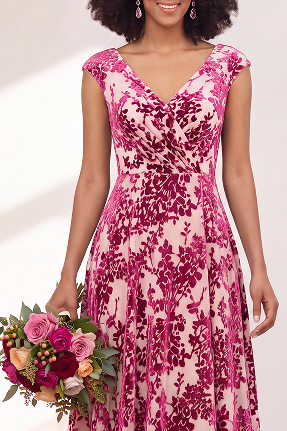 Black Silver Flower A-Line V-Neck Long Wedding Guest Dress