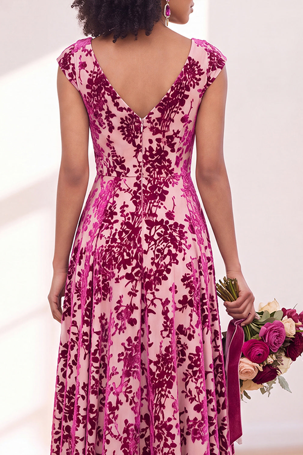 Black Silver Flower A-Line V-Neck Long Wedding Guest Dress