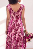 Black Silver Flower A-Line V-Neck Long Wedding Guest Dress