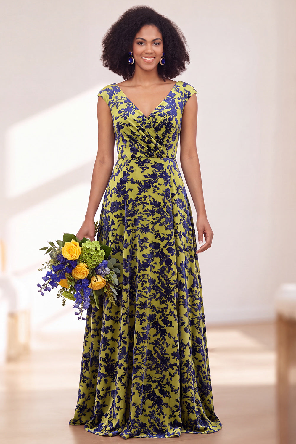 Black Silver Flower A-Line V-Neck Long Wedding Guest Dress
