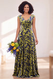 Black Silver Flower A-Line V-Neck Long Wedding Guest Dress