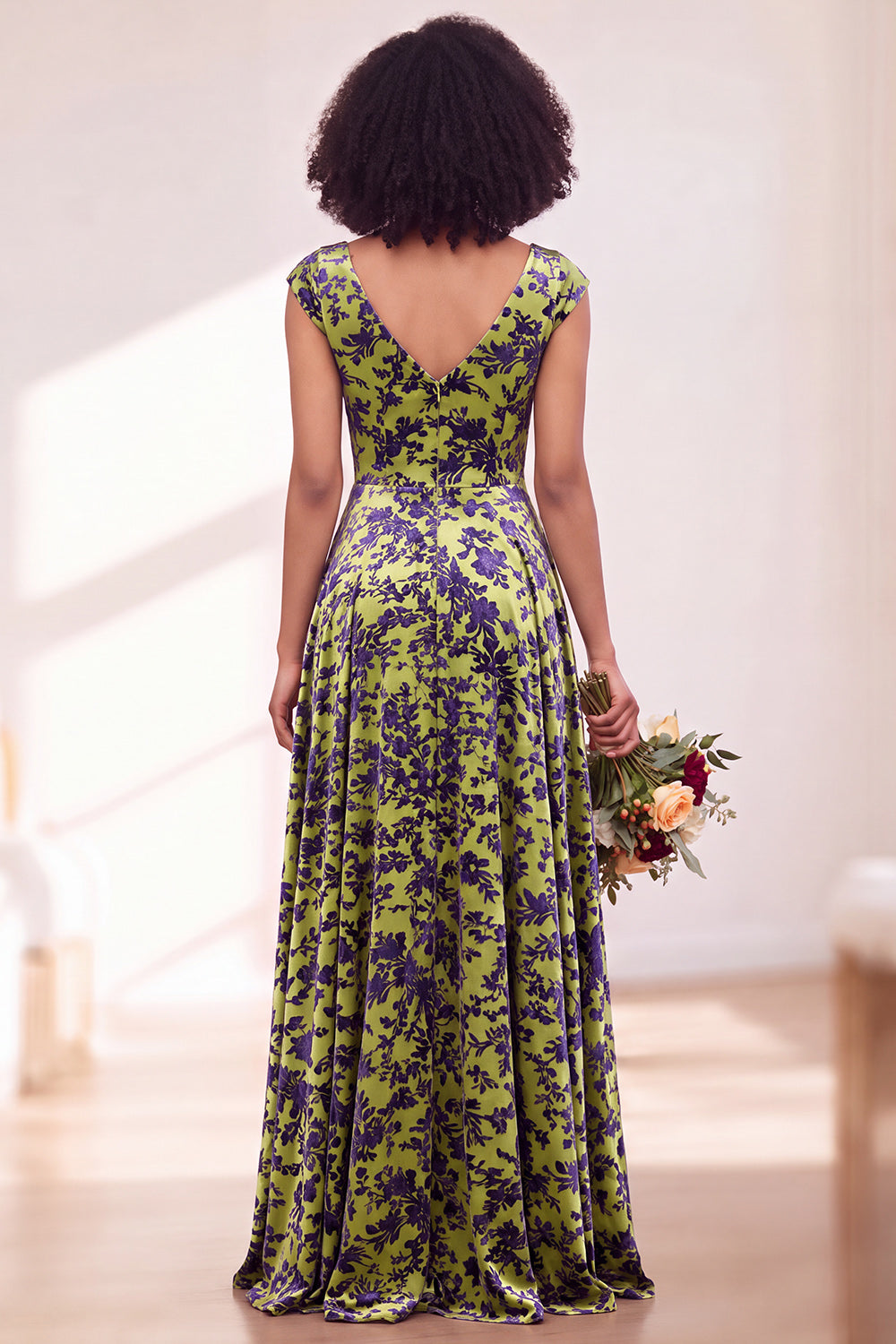 Black Silver Flower A-Line V-Neck Long Wedding Guest Dress
