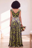 Black Silver Flower A-Line V-Neck Long Wedding Guest Dress