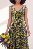 Black Silver Flower A-Line V-Neck Long Wedding Guest Dress