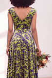 Black Silver Flower A-Line V-Neck Long Wedding Guest Dress