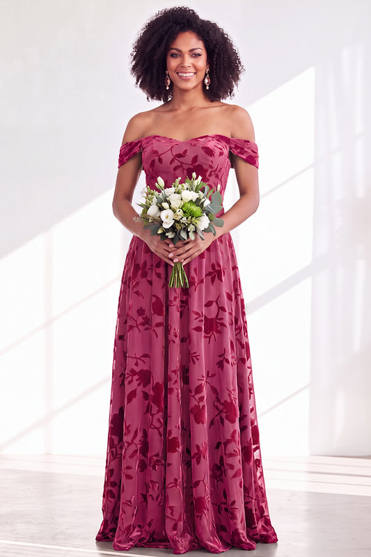 A-Line Fuchsia Floral Off the Shoulder Long Velvet Wedding Guest Dress