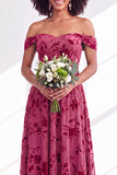 A-Line Fuchsia Floral Off the Shoulder Long Velvet Wedding Guest Dress