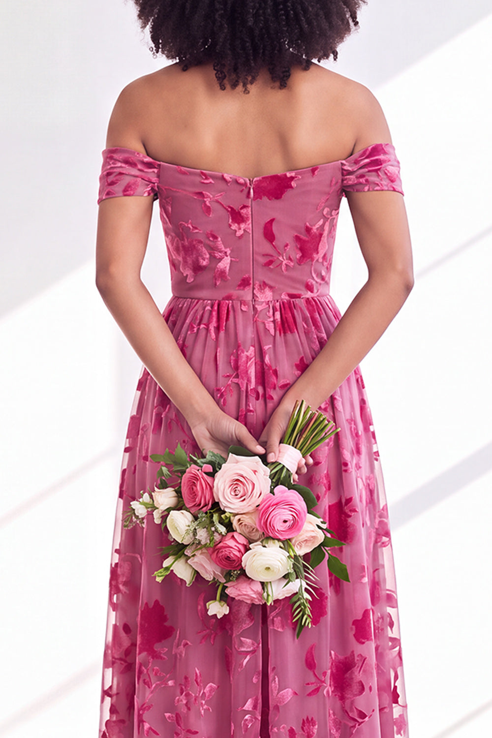 A-Line Fuchsia Floral Off the Shoulder Long Velvet Wedding Guest Dress