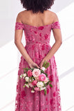 A-Line Fuchsia Floral Off the Shoulder Long Velvet Wedding Guest Dress