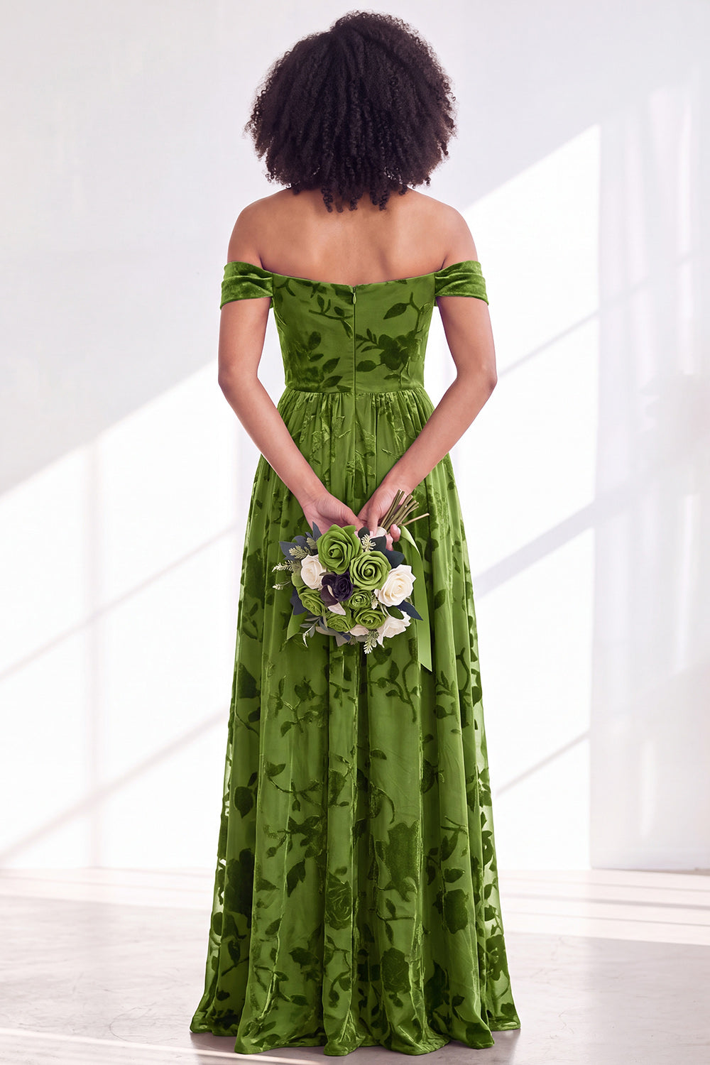 A-Line Fuchsia Floral Off the Shoulder Long Velvet Wedding Guest Dress