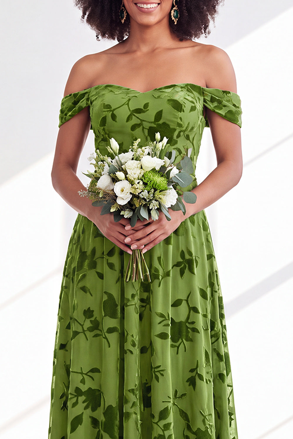 A-Line Fuchsia Floral Off the Shoulder Long Velvet Wedding Guest Dress