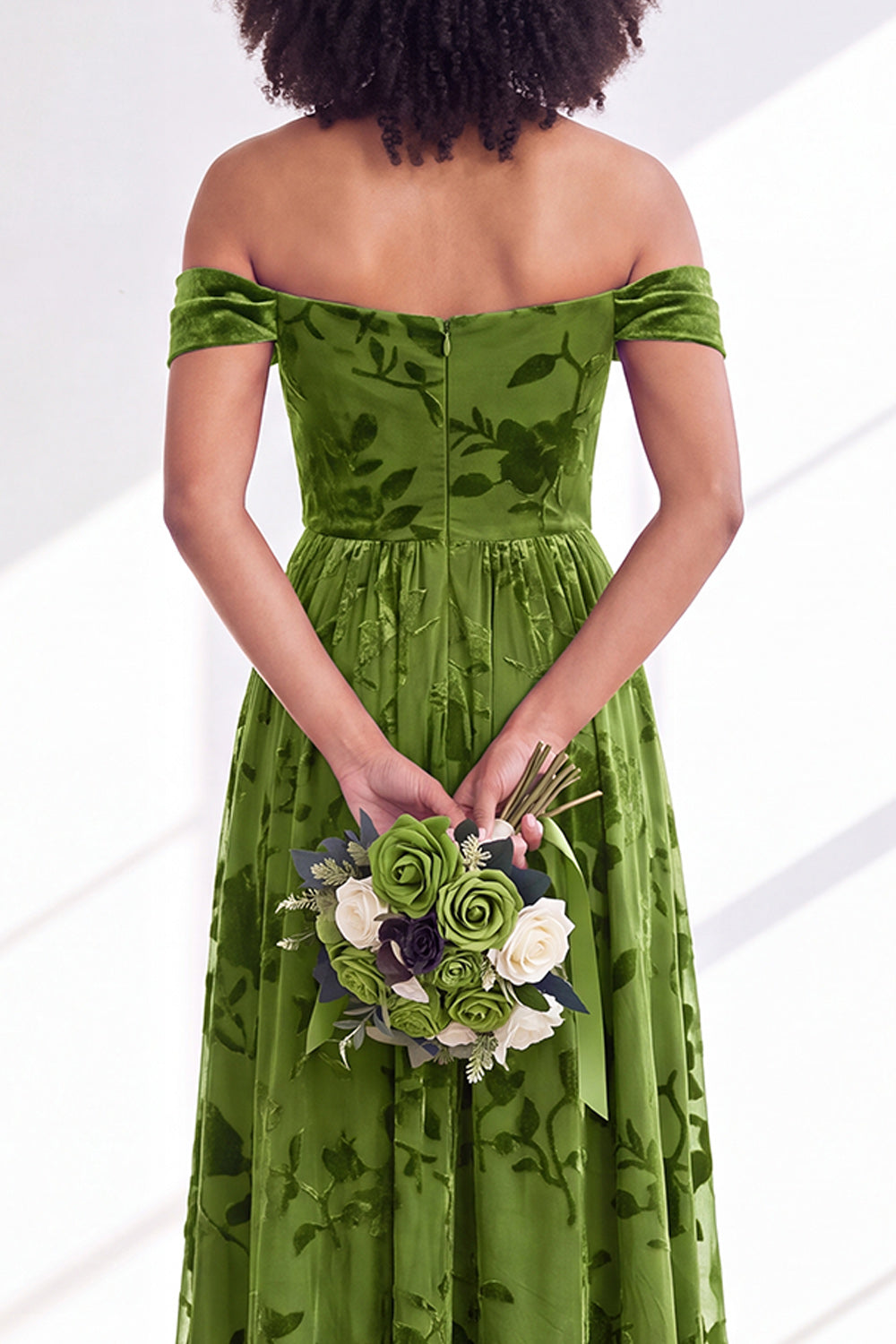 A-Line Fuchsia Floral Off the Shoulder Long Velvet Wedding Guest Dress