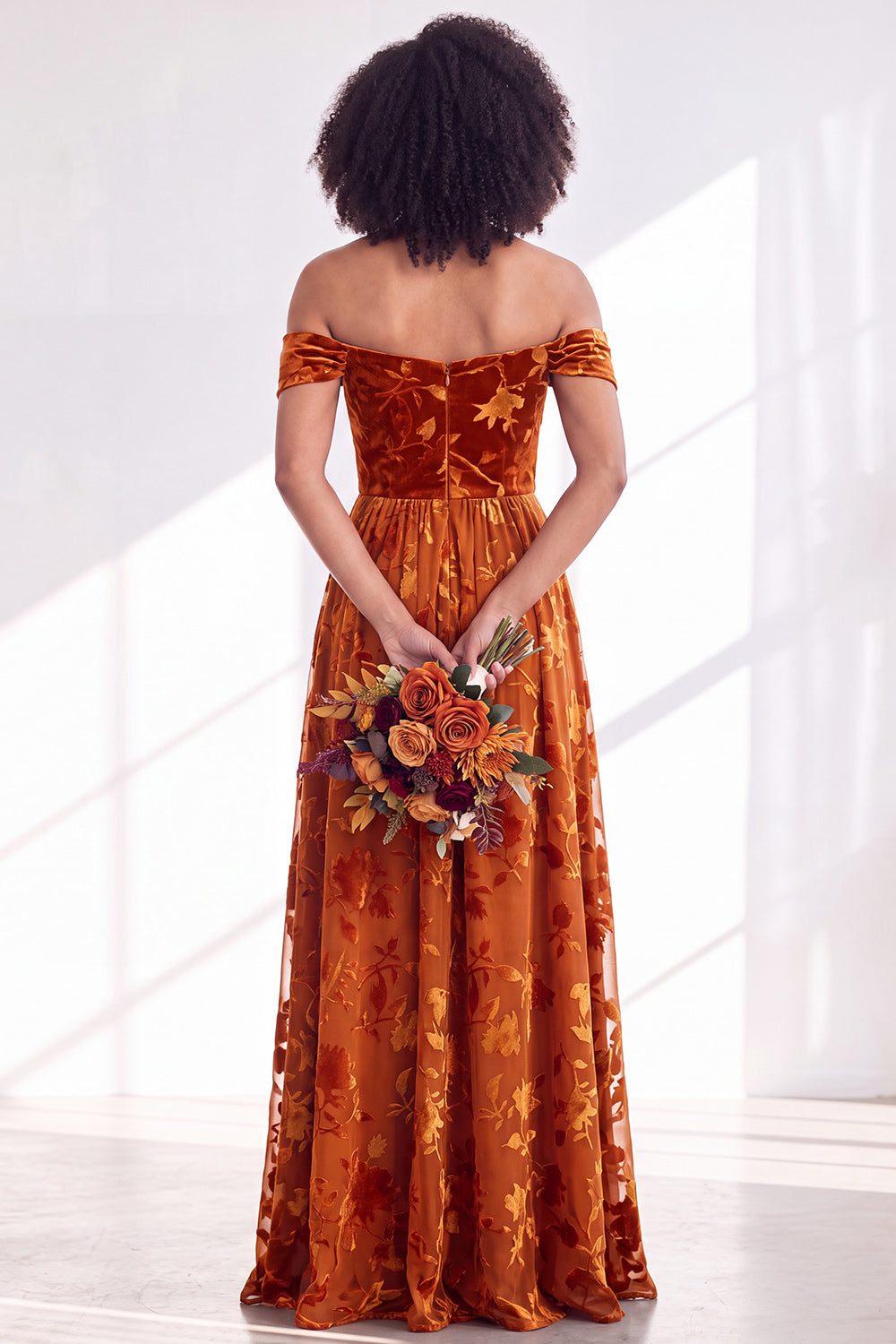 A-Line Fuchsia Floral Off the Shoulder Long Velvet Wedding Guest Dress