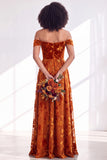 A-Line Fuchsia Floral Off the Shoulder Long Velvet Wedding Guest Dress