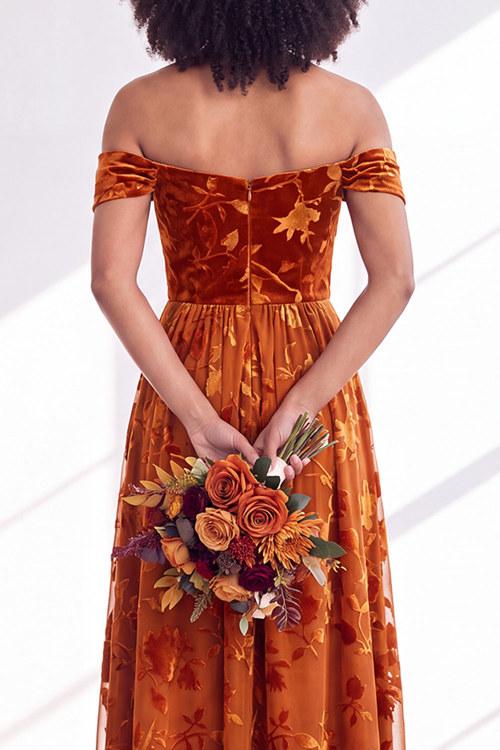A-Line Fuchsia Floral Off the Shoulder Long Velvet Wedding Guest Dress