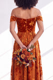 A-Line Fuchsia Floral Off the Shoulder Long Velvet Wedding Guest Dress