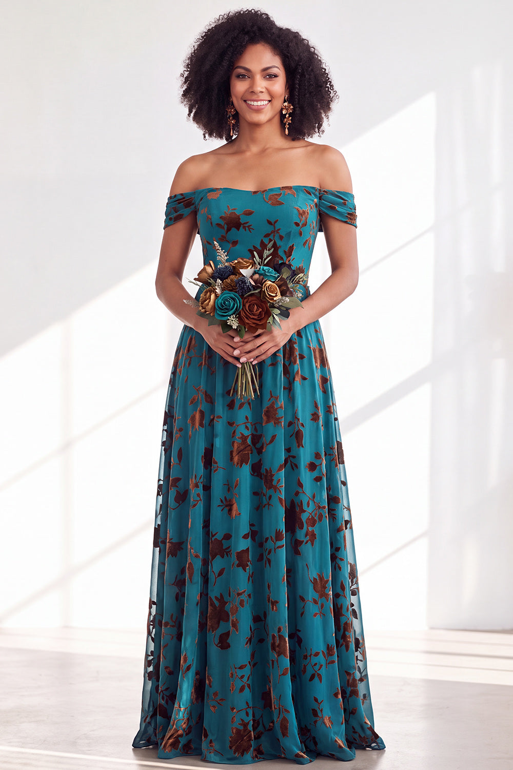 A-Line Fuchsia Floral Off the Shoulder Long Velvet Wedding Guest Dress