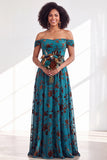 A-Line Fuchsia Floral Off the Shoulder Long Velvet Wedding Guest Dress