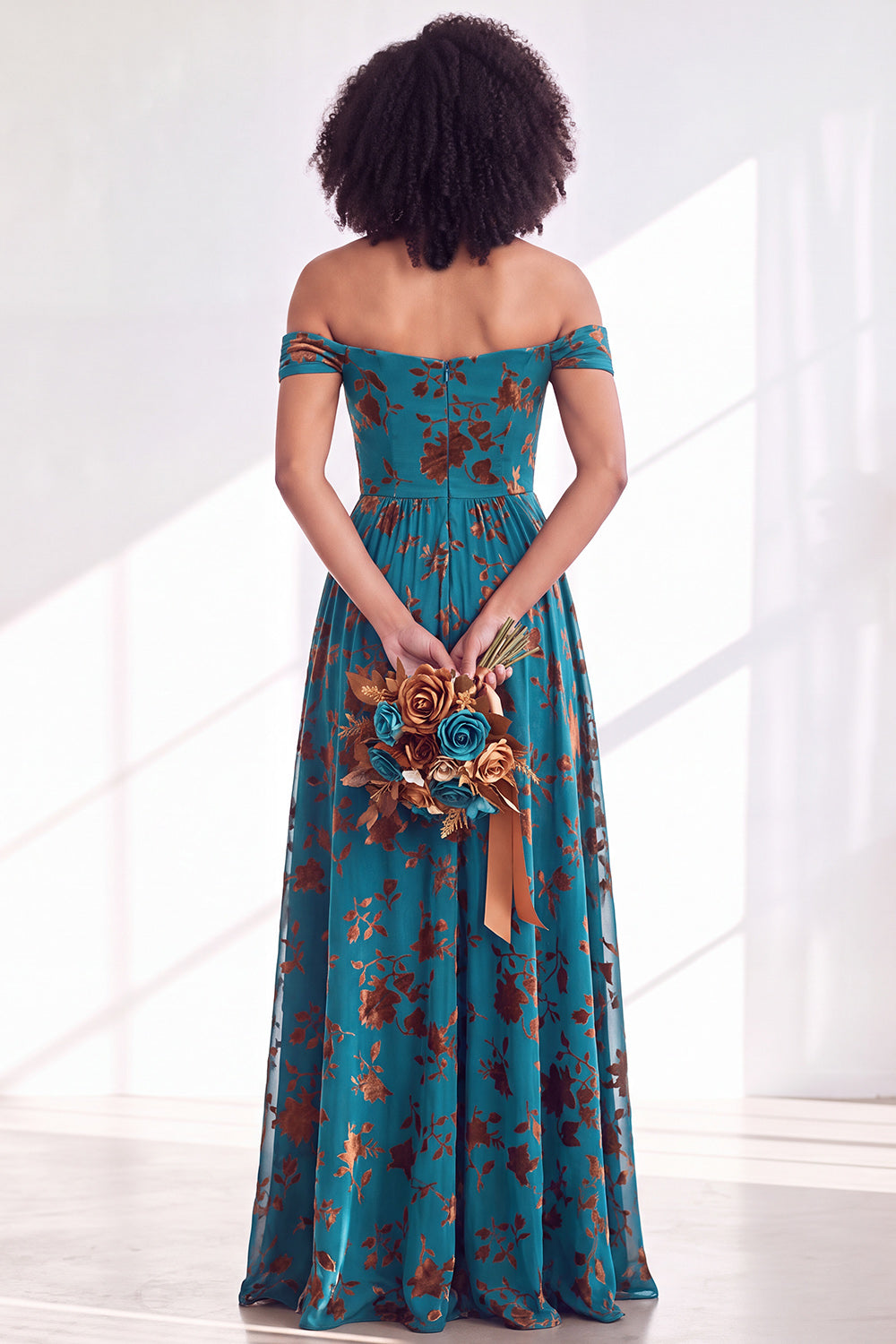 A-Line Fuchsia Floral Off the Shoulder Long Velvet Wedding Guest Dress