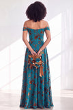 A-Line Fuchsia Floral Off the Shoulder Long Velvet Wedding Guest Dress