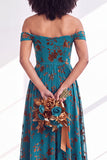 A-Line Fuchsia Floral Off the Shoulder Long Velvet Wedding Guest Dress