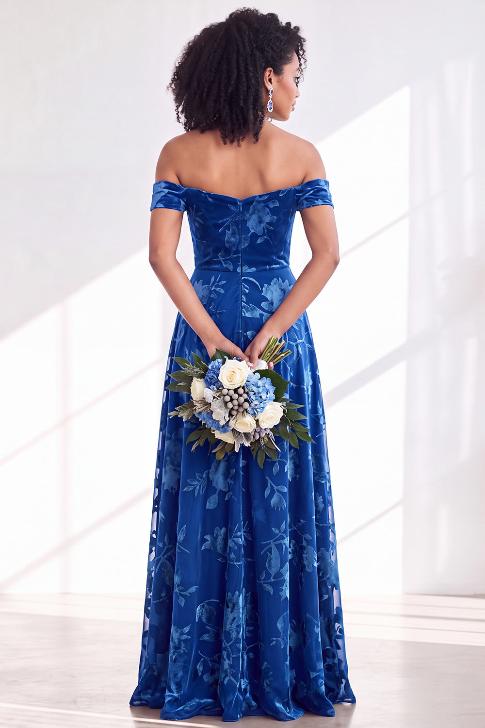 A-Line Fuchsia Floral Off the Shoulder Long Velvet Wedding Guest Dress