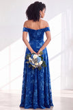 A-Line Fuchsia Floral Off the Shoulder Long Velvet Wedding Guest Dress