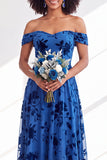 A-Line Fuchsia Floral Off the Shoulder Long Velvet Wedding Guest Dress