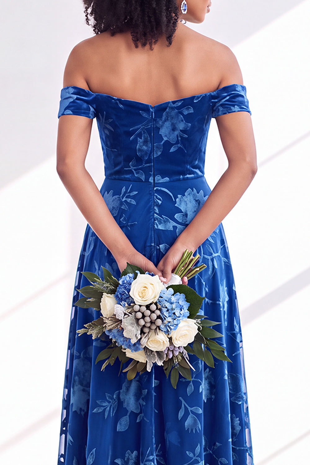 A-Line Fuchsia Floral Off the Shoulder Long Velvet Wedding Guest Dress