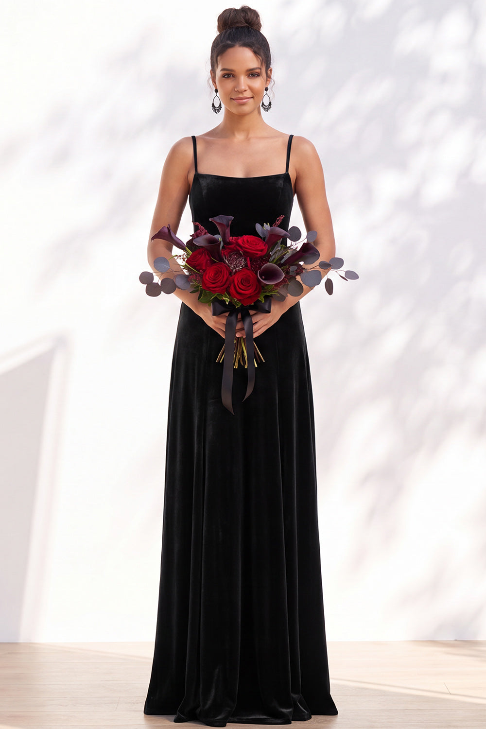 Dusty Sage A-Line Velvet Spaghetti Straps Long Wedding Guest Dress