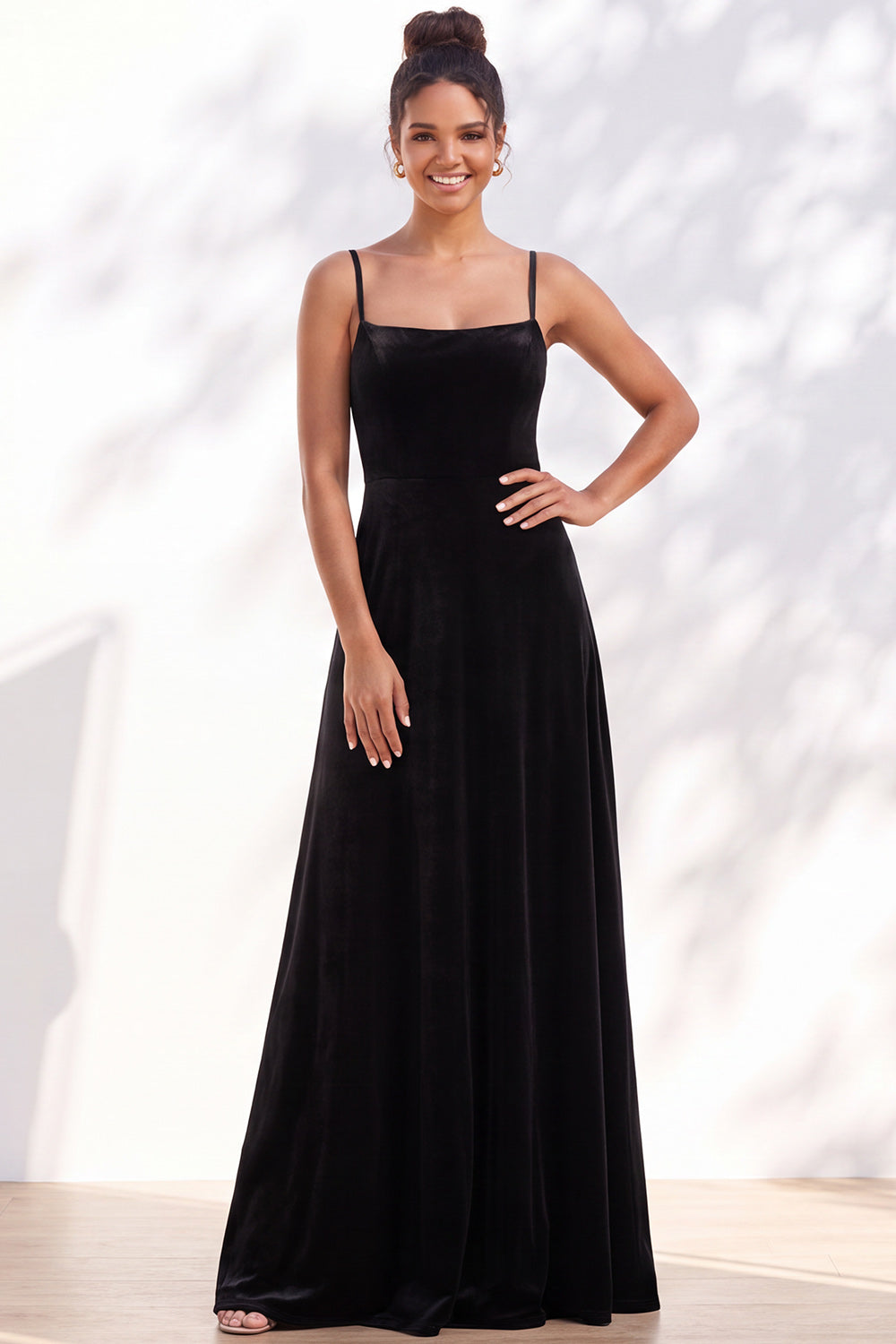 Dusty Sage A-Line Velvet Spaghetti Straps Long Wedding Guest Dress