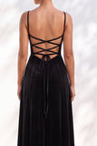 Dusty Sage A-Line Velvet Spaghetti Straps Long Wedding Guest Dress