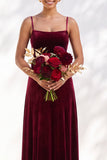 Dusty Sage A-Line Velvet Spaghetti Straps Long Wedding Guest Dress