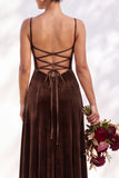 Dusty Sage A-Line Velvet Spaghetti Straps Long Wedding Guest Dress