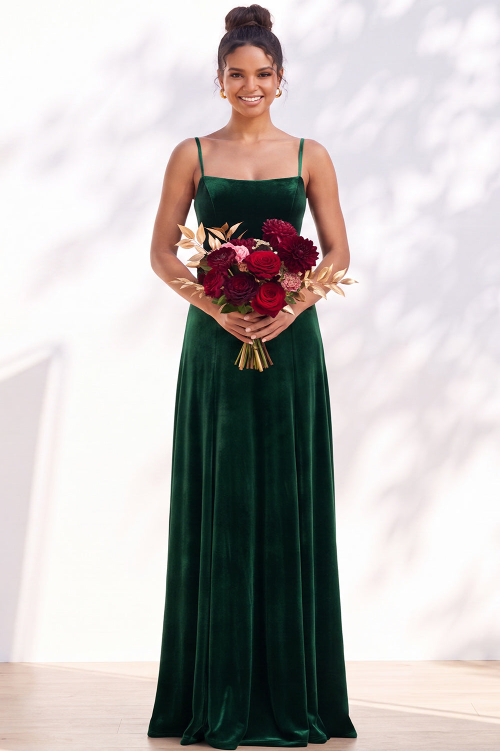 Dusty Sage A-Line Velvet Spaghetti Straps Long Wedding Guest Dress
