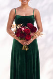 Dusty Sage A-Line Velvet Spaghetti Straps Long Wedding Guest Dress