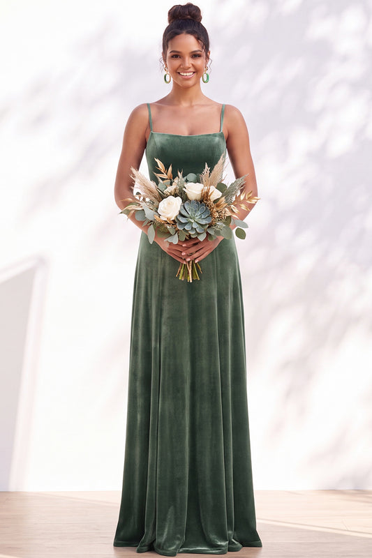 Dusty Sage A-Line Velvet Spaghetti Straps Long Wedding Guest Dress