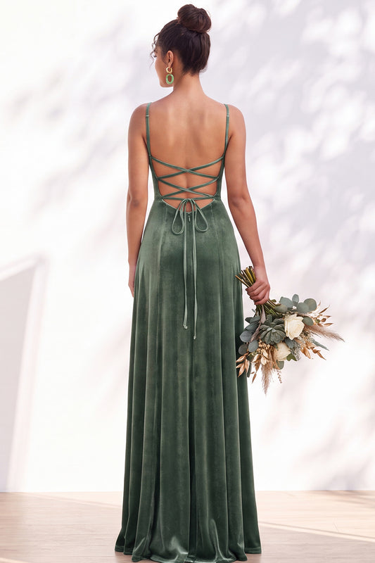 Dusty Sage A-Line Velvet Spaghetti Straps Long Wedding Guest Dress