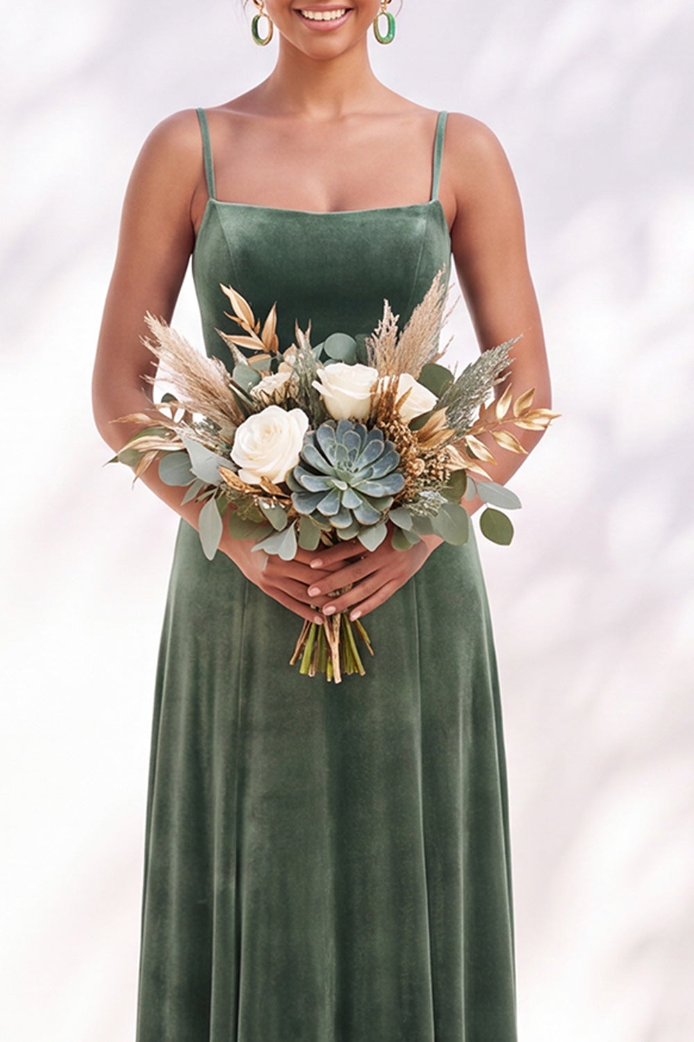 Dusty Sage A-Line Velvet Spaghetti Straps Long Wedding Guest Dress